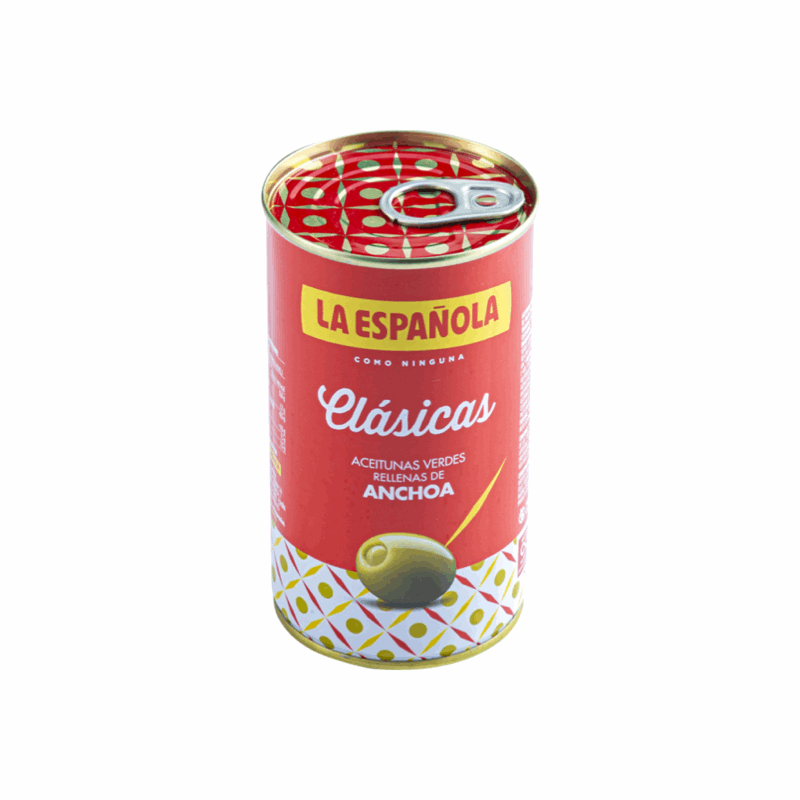 red can with green olives with anchovy