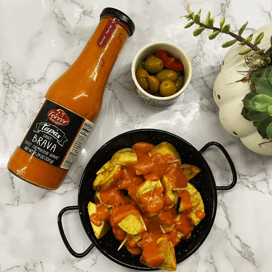diced fried potatoes with salsa brava and olives