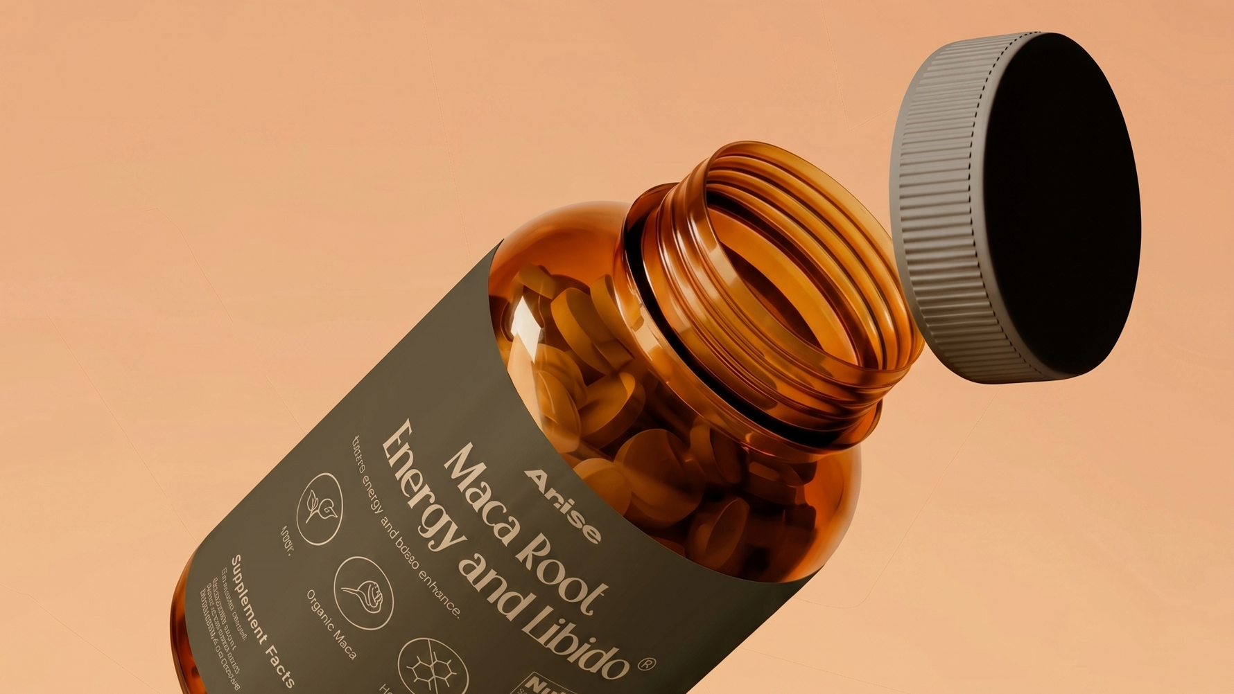 Brown bottle with a label on an orange background