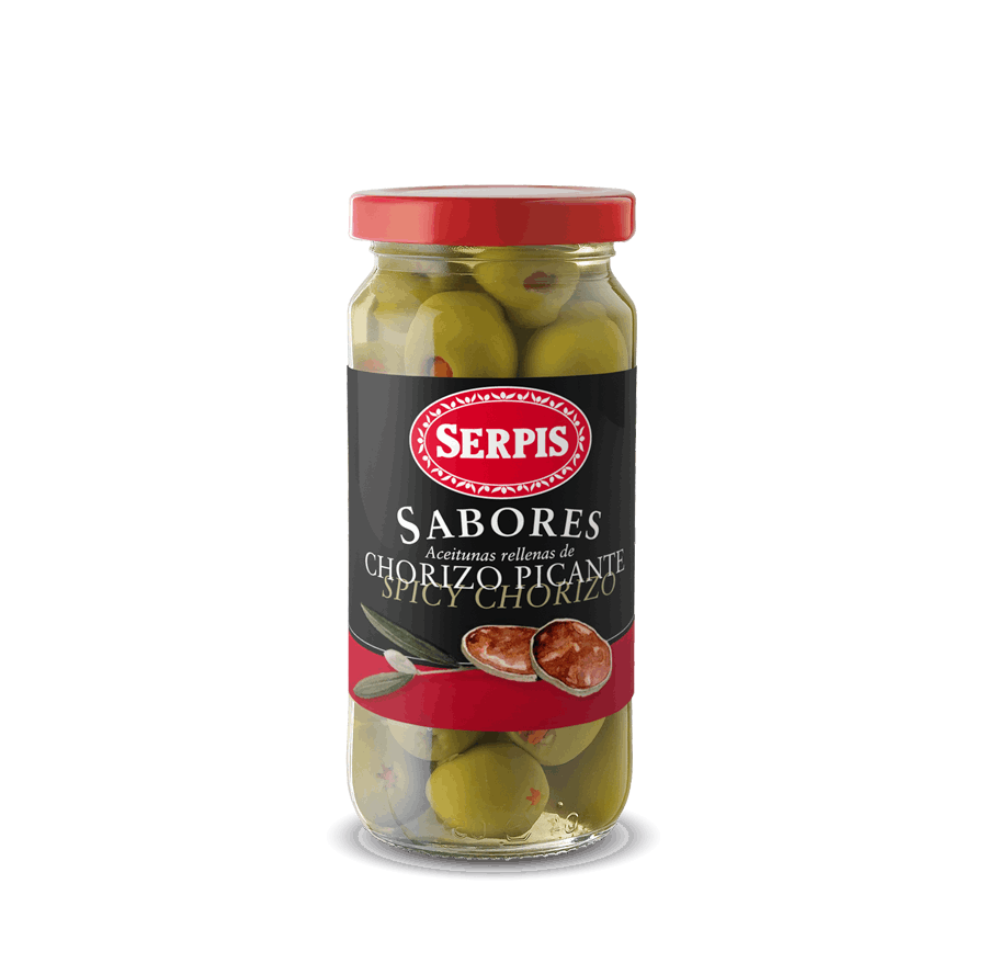 a glass jar of Green Olives Stuffed with Spicy Chorizo
