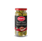 a glass jar with canned Green Olives Stuffed with Serrano Ham